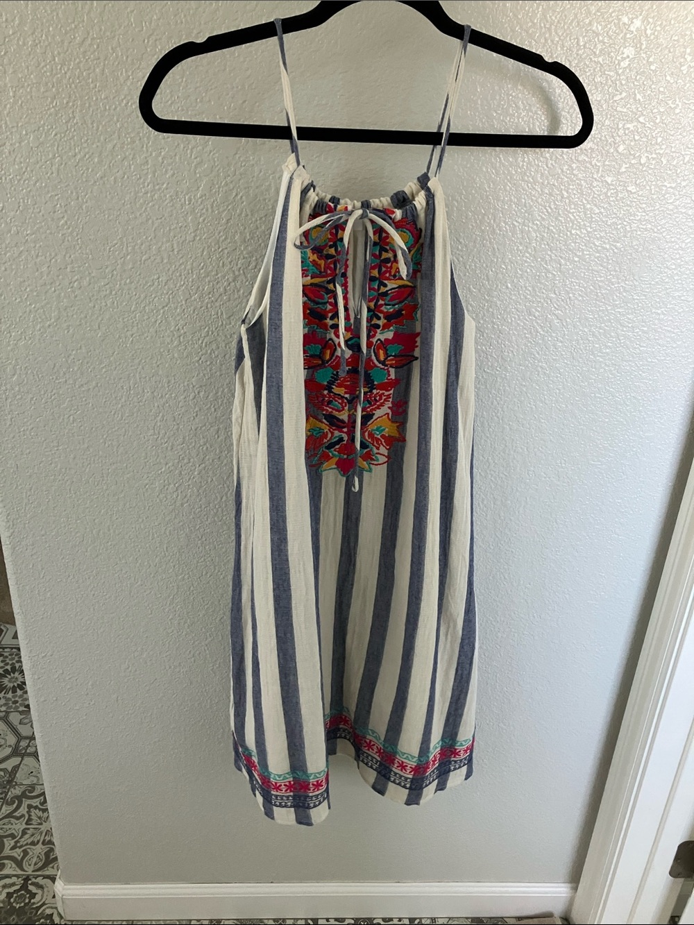 THML blue and white embroidered striped dress size S